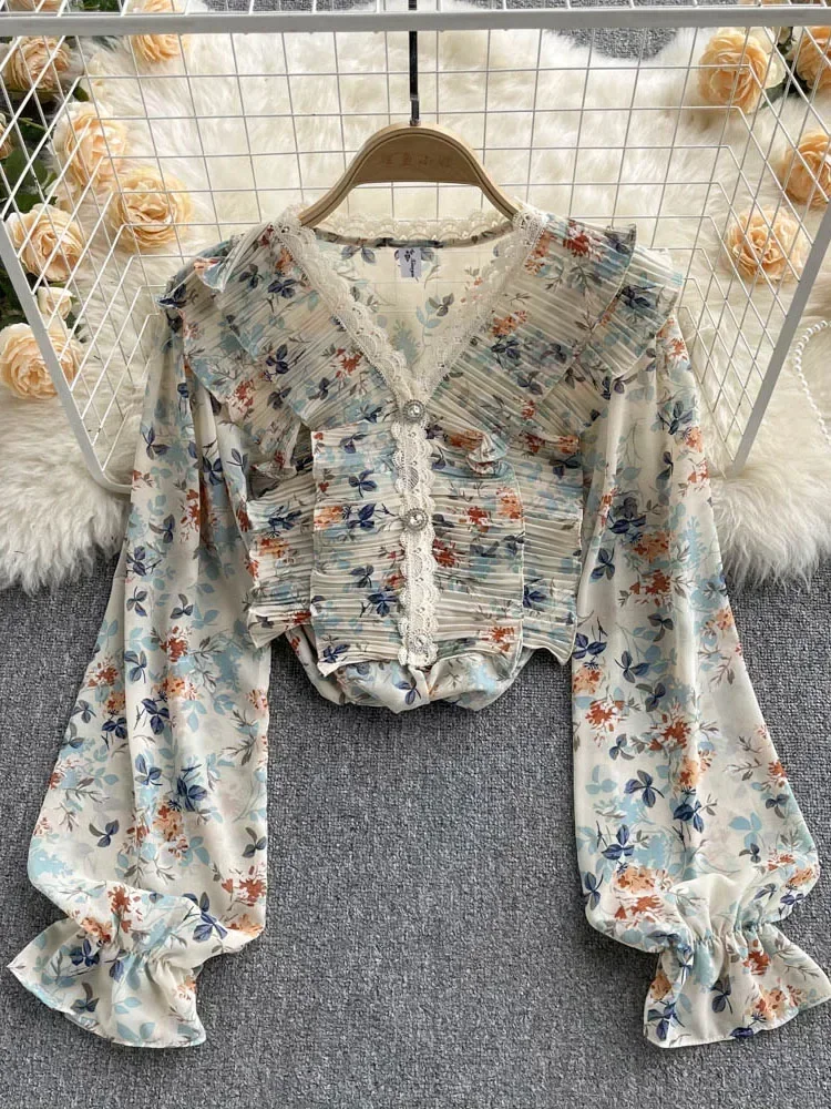 Yihaojia Women's Floral Blouse - Long Sleeve Loose V-Neck Pleated Tunic Top