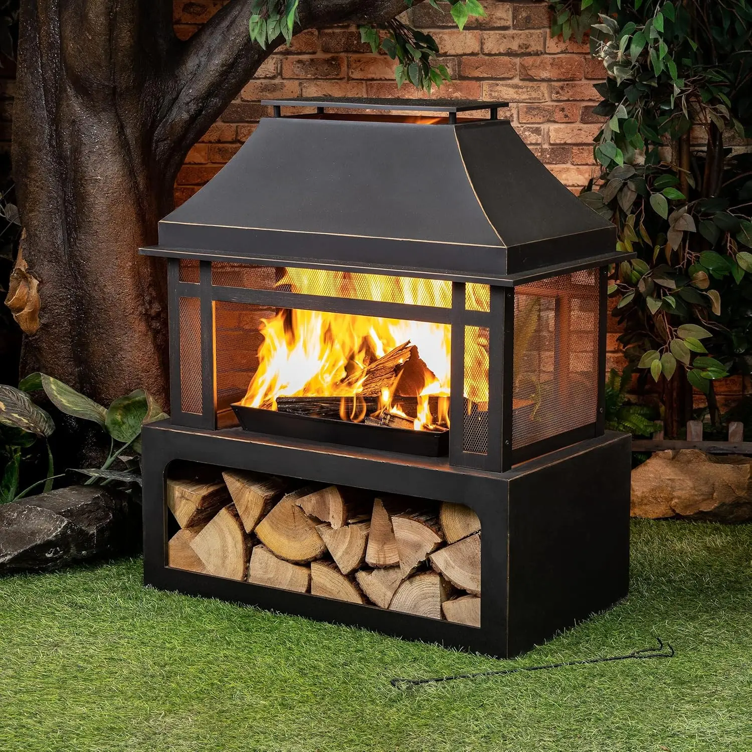Description Picture 3 of itemOutdoor Burning Fireplace with Wood Storage and Removable Fire Grill - Metal Wicker Base Fire Pit for Patio Garden Deck Backyard