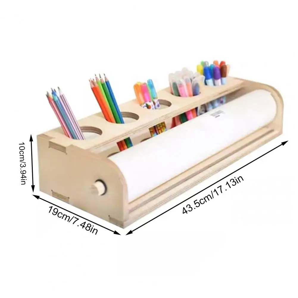 Wooden Paper Dispenser Desktop Paper Roll Holder Drawing Roll Organizer with Pen Holder for School Art Studio Home