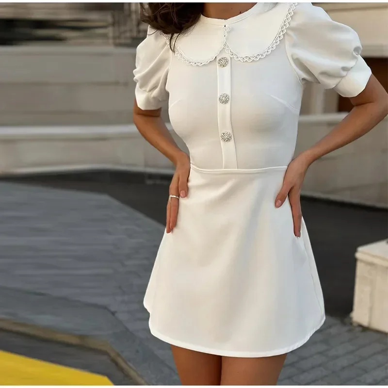 Elegant Slim Mini Dress Women Lace Short Sleeve Doll Collar Button Splice Autumn Fashion Classic Office Dresses Female