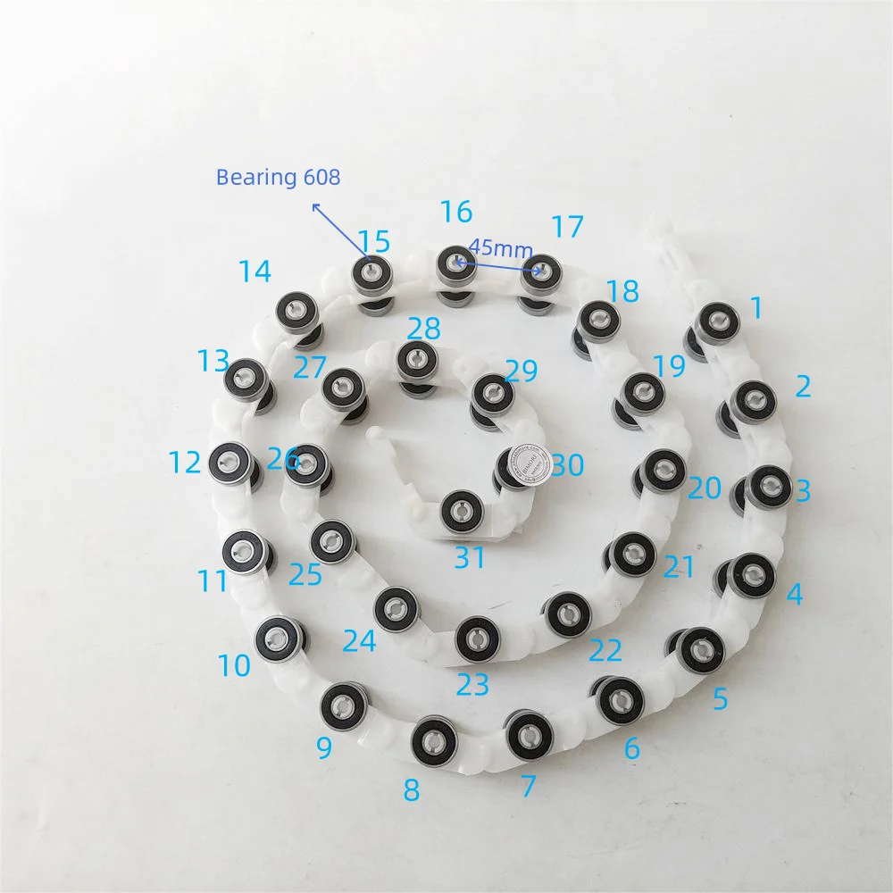 KM5232300G09 Escalator Handrail Reverse Guide Chain White 31 Bearing Wheels 608RS for Kone Escalator Parts