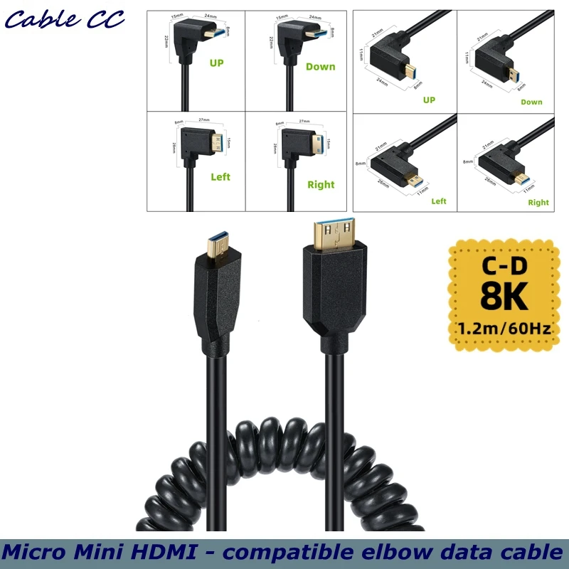 Spring Telescopic OD 4.0mm Cable 2.1V 8k@60hz Mini HDMI-compatible With Micro HDMI-compatible with Elbow C-D Connector 1 2m 2 1v elbow mini hdmi compatible male to hdmi compatible female 8k 60hz camera telescopic spring connection cable