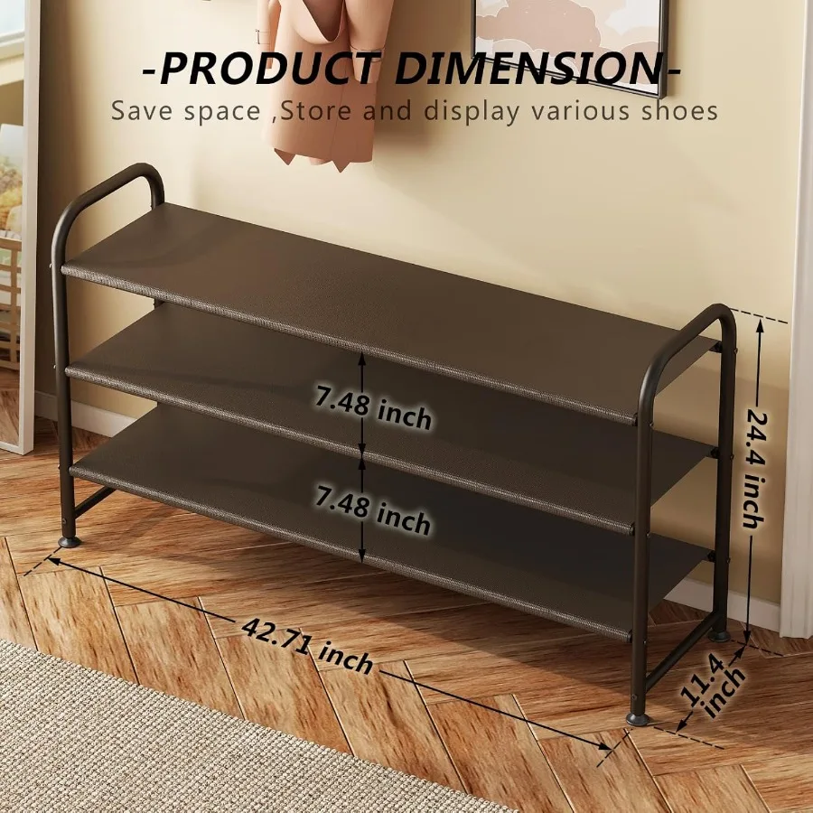 Shoe Rack 3 Tier Long Storage Organizer Wide Metal Shoe Shelf for Closet Entryway Brown