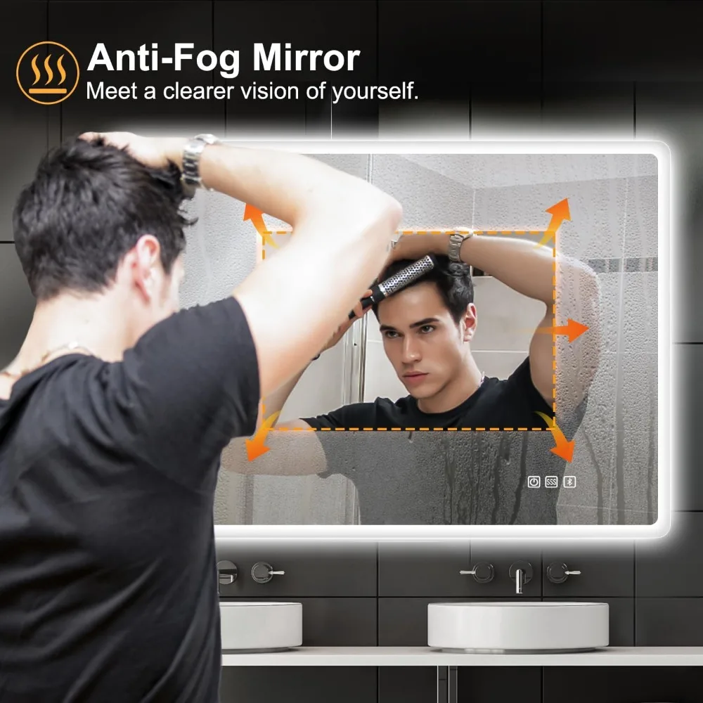 36"x28" LED-Lighted-Bathroom-Mirror, Wall-Mounted-Dimmable-Vanity-Mirror with Bluetooth Speaker, Anti-Fog Waterproof Smart Touch