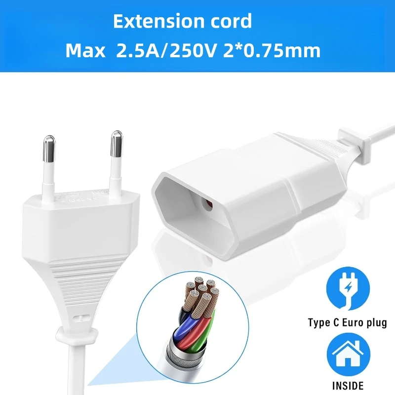 EU 표준 직선형 연장 코드, 1-3구 전원 연장 코드, 2.5A/250V, TV 및 조명에 적합, 검정색 및 흰색.