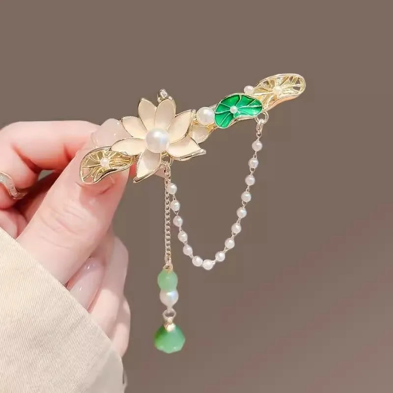 Ancient Style Lotus Pearl Tassel Hairpin Retro Side Clip Hanfu Ancient Costume Accessories Headdress_voghion.com