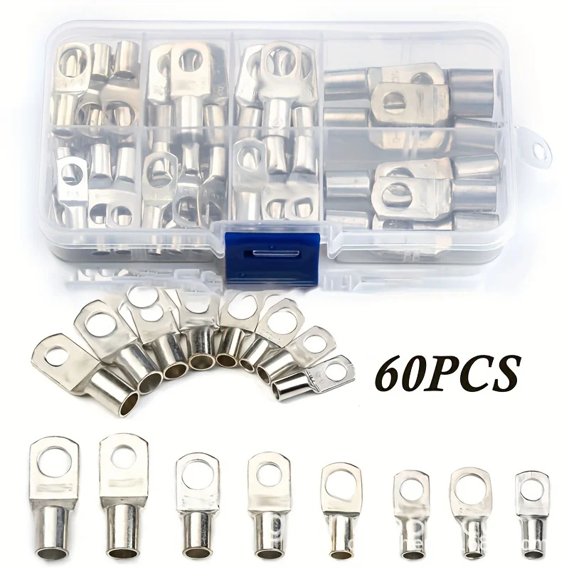 Wire Connectors 60pcs Assortment Car Auto Copper Ring Terminal Bare Cable Battery Soldered Connectors Kit HX-50B