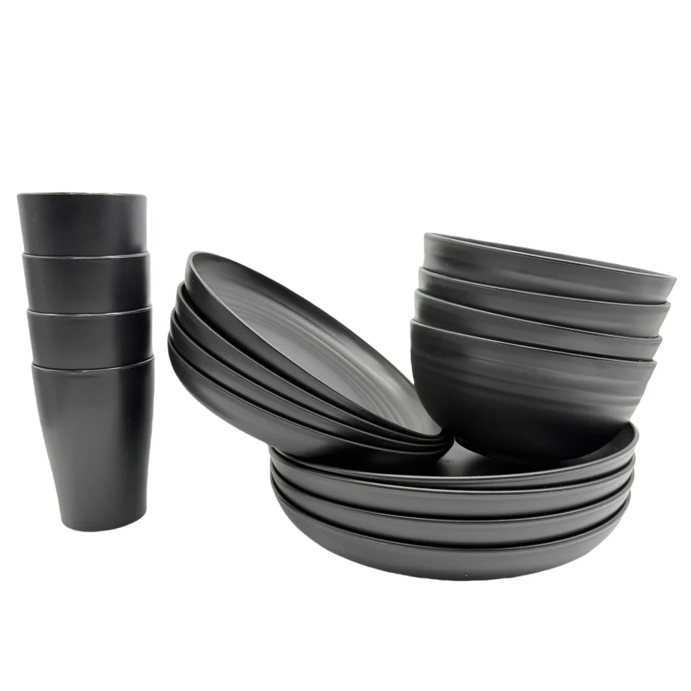 16PCS Wheat Straw PP Cutlery Set Dish and Bowl Set Cutlery Dishwasher Safe Reusable Plates Bowls Cups
