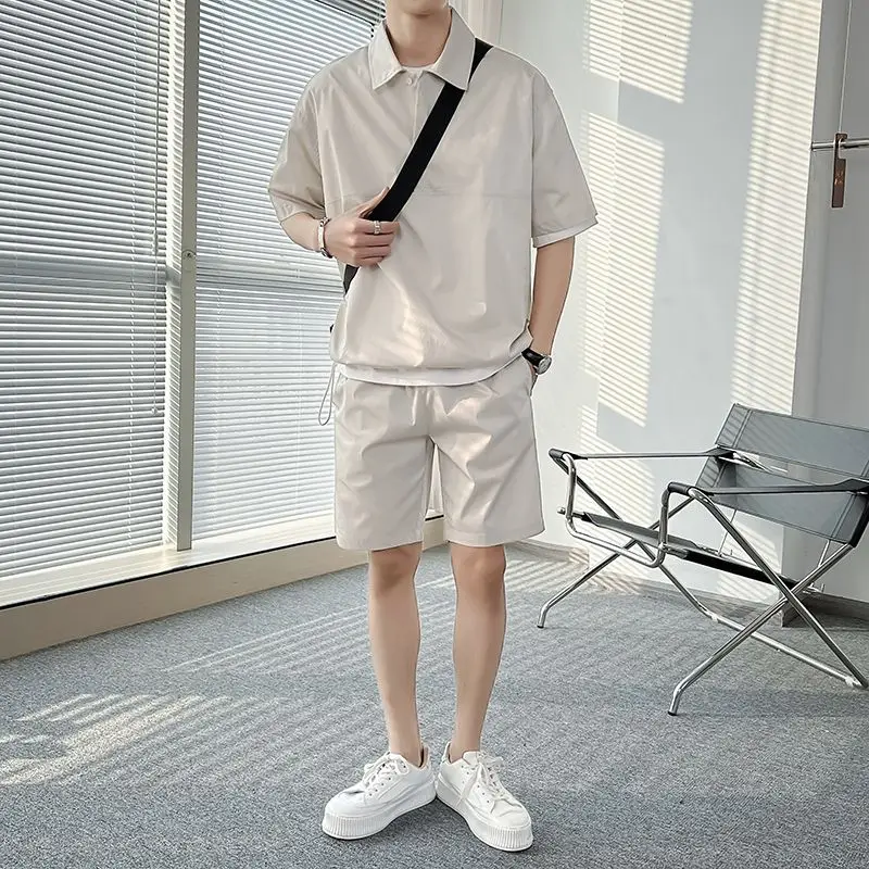 Spring Summer Fashion Short Sleeve Popularity Men's Clothing Korean Style Casual All Match Loose Rope Hombre Solid Sport Sets