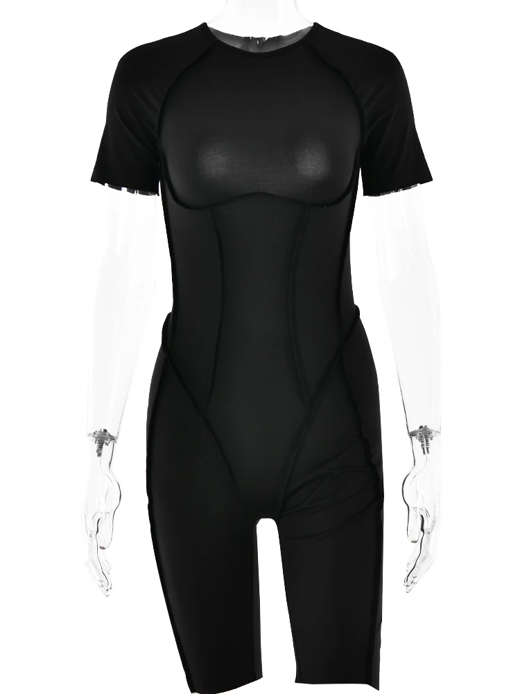 Sibybo Sexy Backless Solid Color Splice Playsuit Fashion Causal Skinny Rompers 2024 Spring And Summer Gym Wear For Women