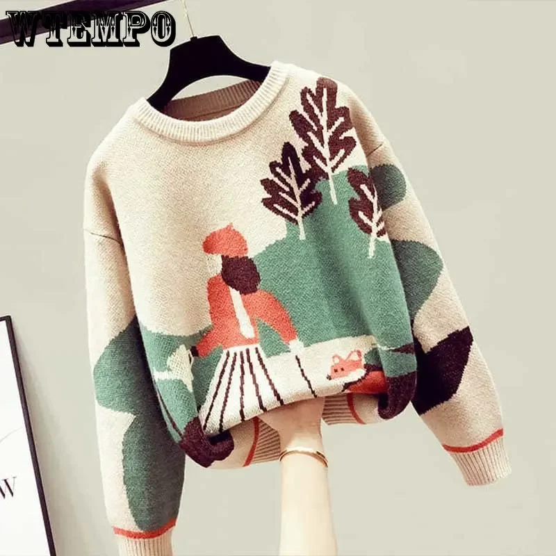 

O-Neck Sweater Casual Print Pullover Long Sleeve Autumn Winter Women New Loose Fit Basic Warm Knitwear Fashion Jumper 2024