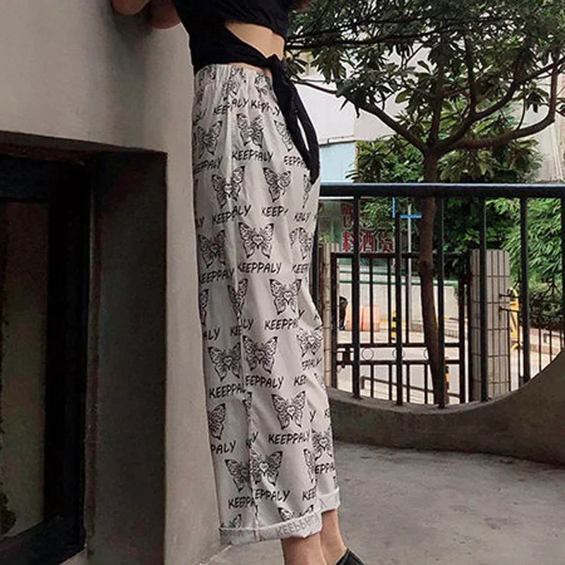 New Fashion Wild Y2k Butterfly Print Wide-leg Trousers Casual High Waist Summer New Student Loose Thin Punk Streetwear 2024 New