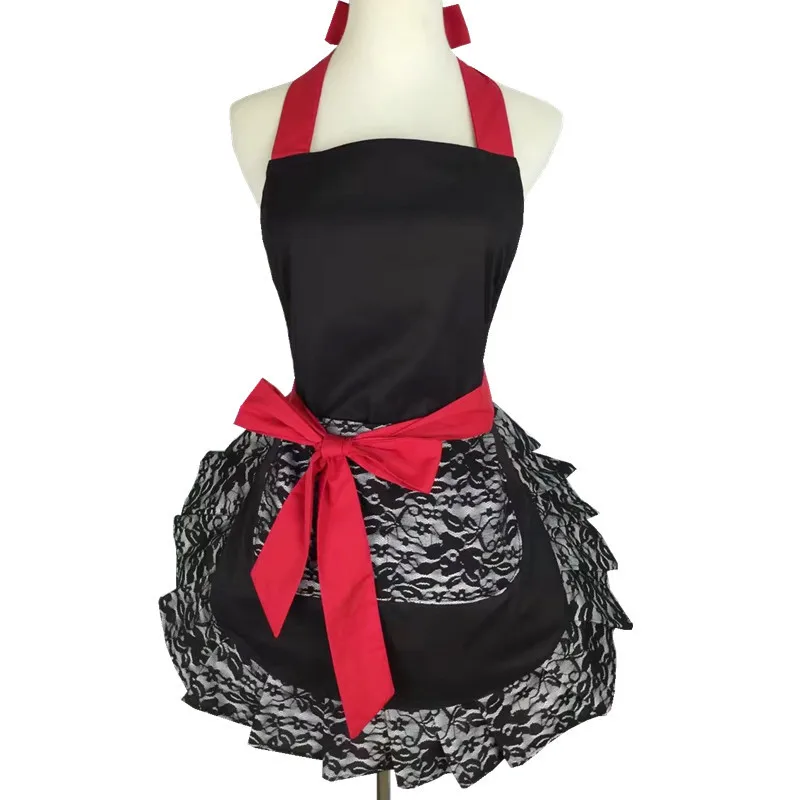 Cotton Black Lace Flirty Apron with Pocket, Fun Retro Sexy Cooking Pinup Aprons for Women Girls Waiter C1A1