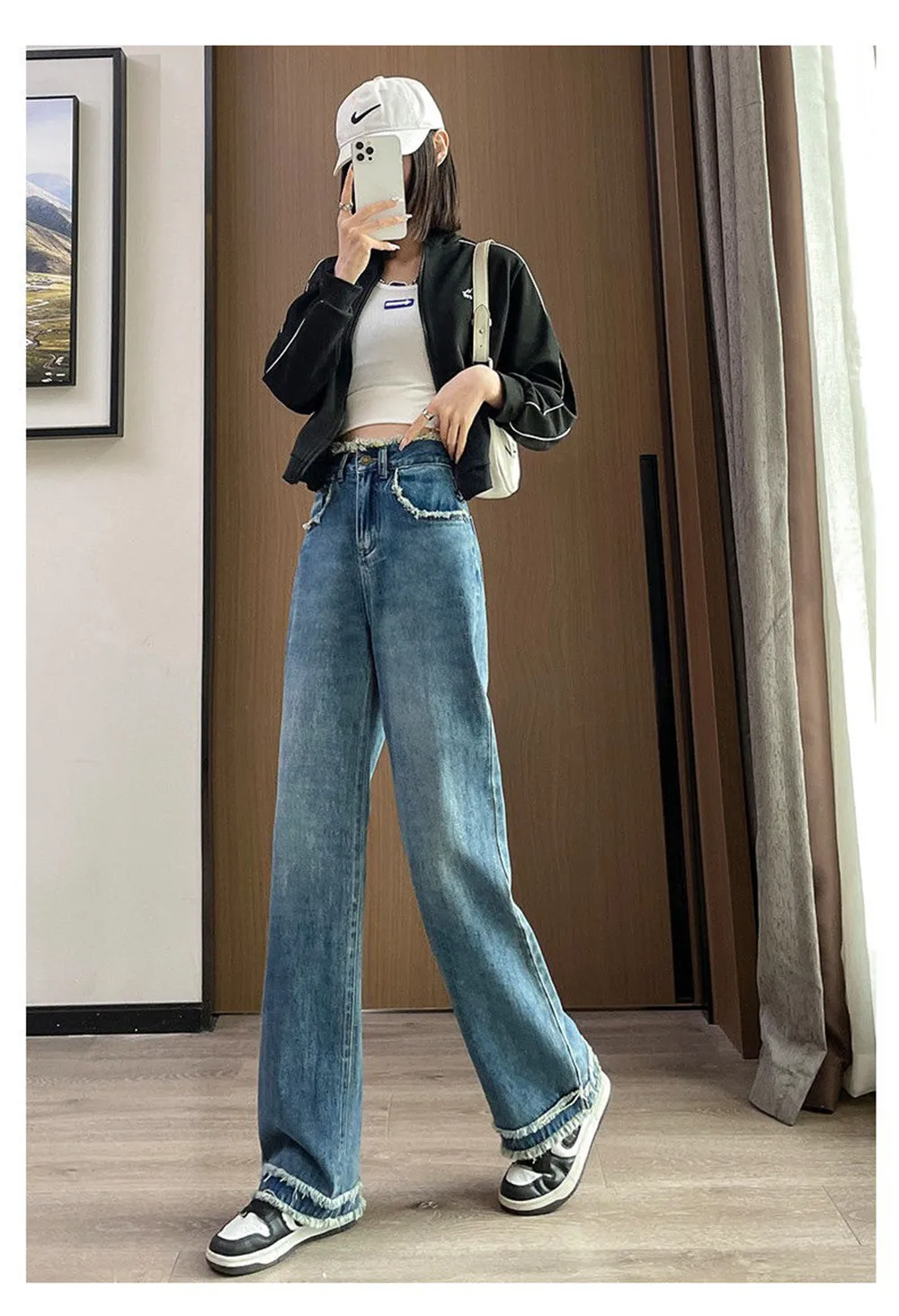 Straight tube loose wide leg jeans for women's spring and autumn 2024 new high waisted drape slimming floor mop pants