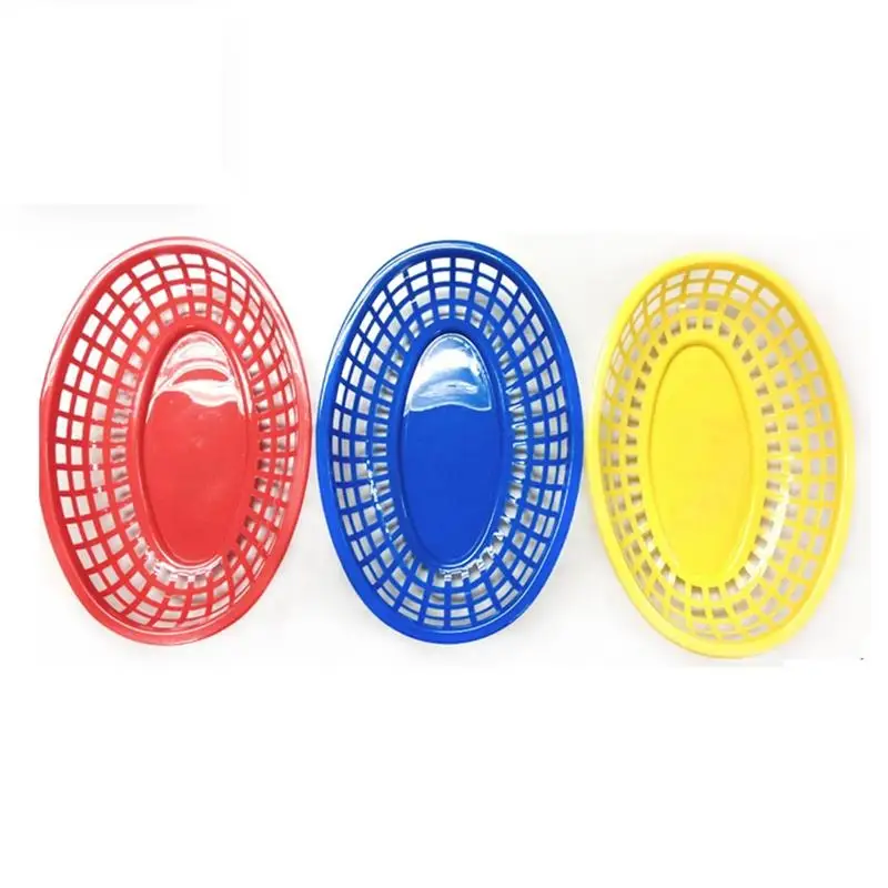6pcs Red French Fries Basket Plastic Picnic Plates Blue Yellow Oval Fast Burger Serving Tray Dinner Bandeja Restaurant Supply