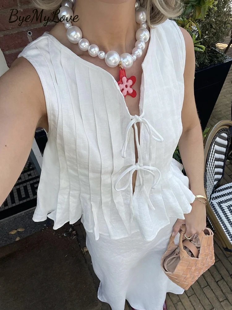 

Майка без рукавов ByeMyLove женская, ажурная Повседневная Блузка с бантом, простая Однотонная рубашка без рукавов, лето