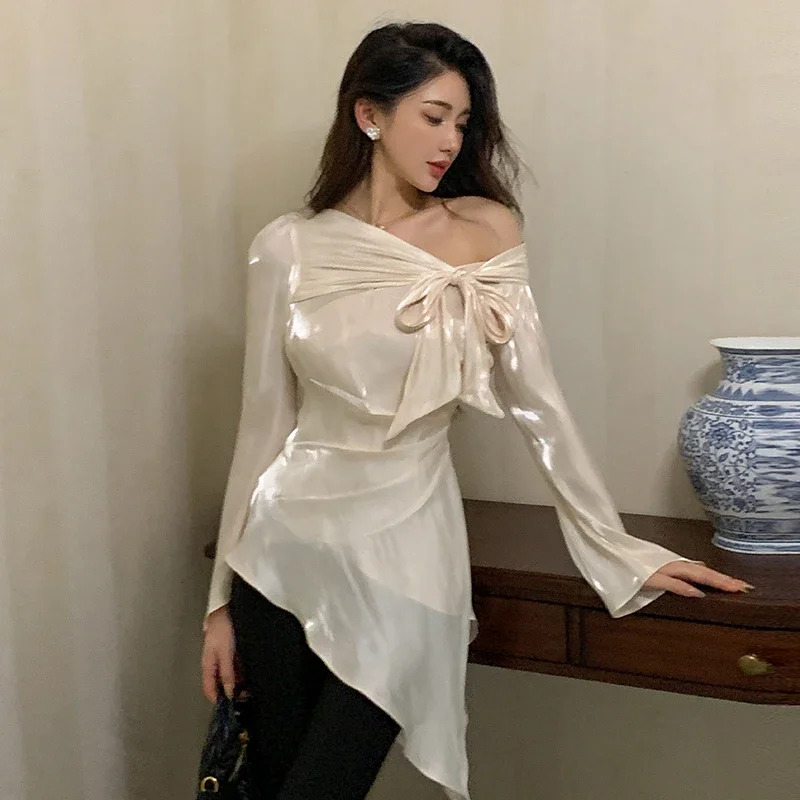 Women's Silk Satin Shirts, Casual Blouses, Loose, Spring and Summer, Ladies Clothing, Fashion, Long Sleeves, Bow Tops, New