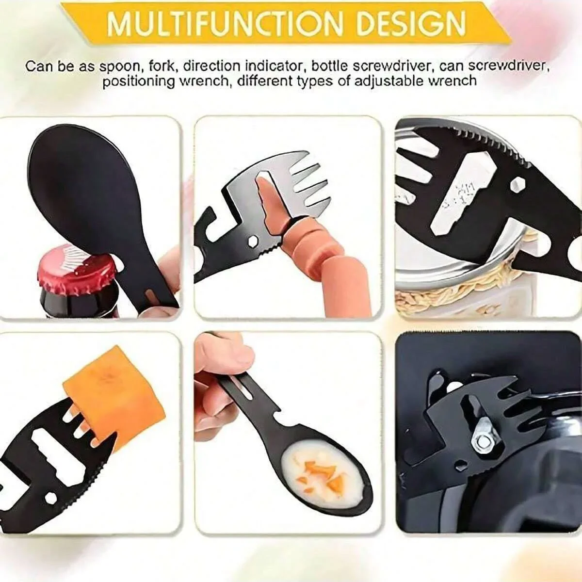 10-in-1 Multi-Functional Spork: Stainless Steel Portable Utensil Spoon, Can Opener, Serrated Knife, Wrench, Direction Indicator