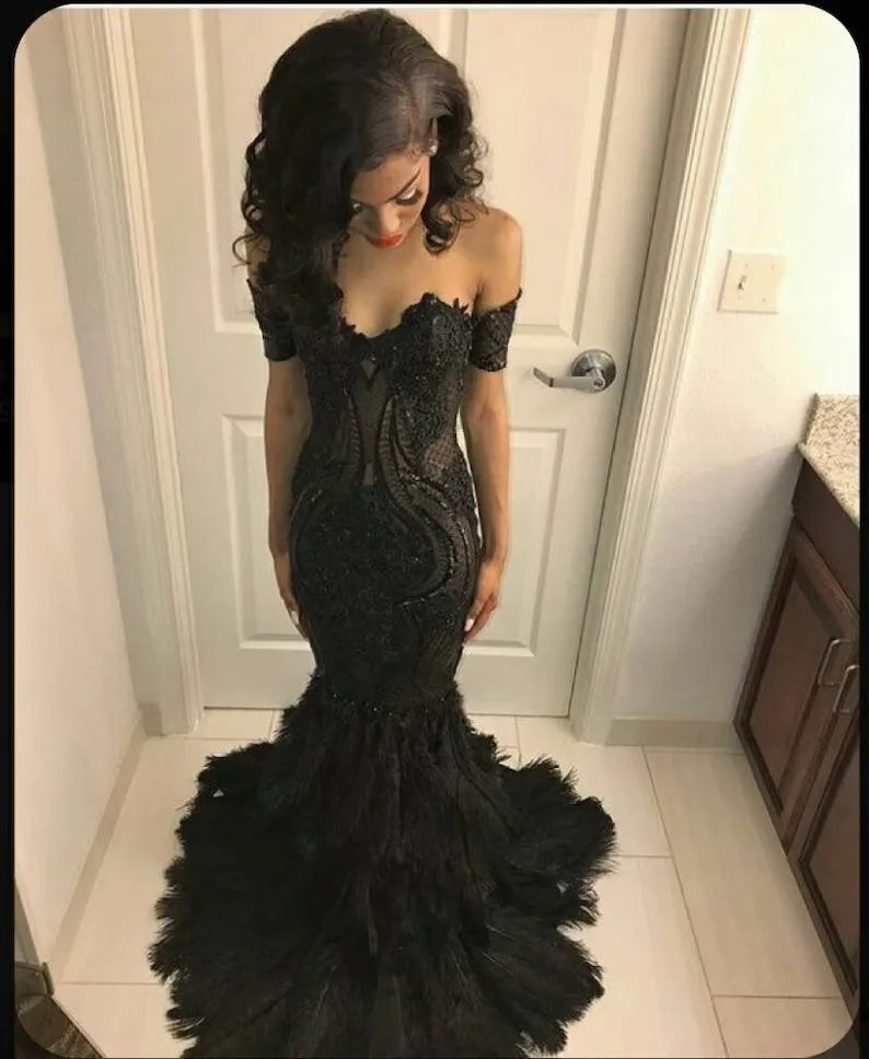 

Black African American Prom Dresses Mermaid Sweetheart Feather Appliques Lace Black Girls Nigeria Robe De Soiree Evening Gown