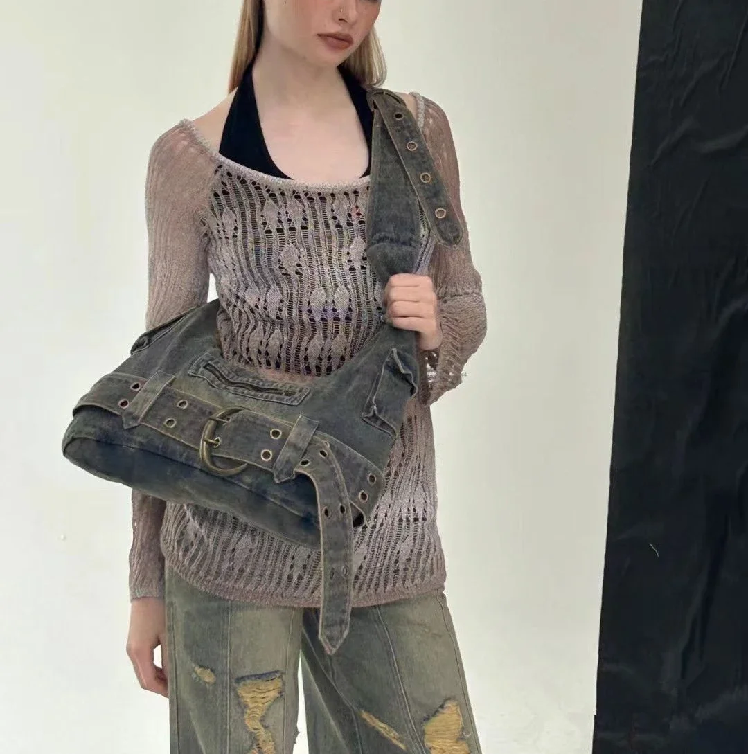 Trendy Vintage Y2k Aesthetic Women's Handbags Streetwear Grunge Denim Shoulder Bags Korean Fashion Casual All Match Underarm Bag