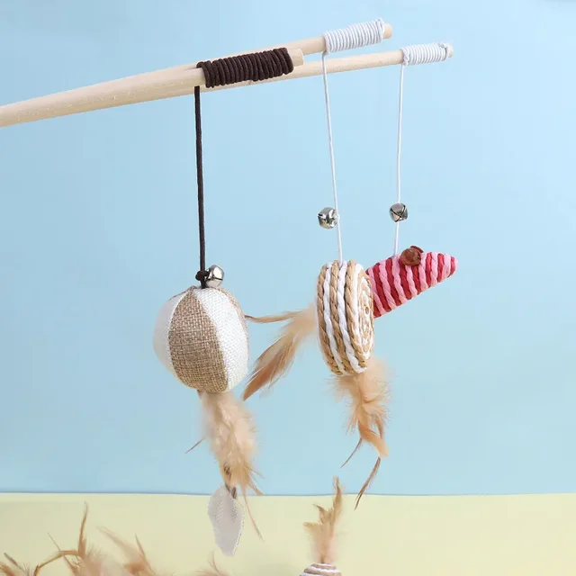 New Mouse Wooden Teasing Cat Rod Cat Toy Pet Supplies Feather Bell Wooden Rod Teasing Cat Stick 4