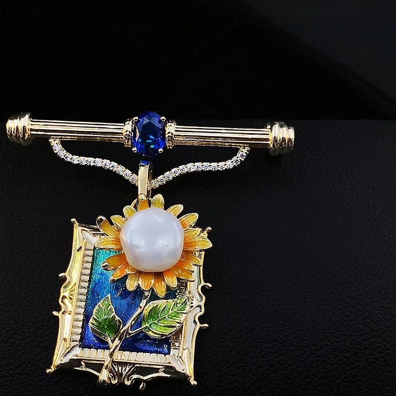 Baroque Pearl Sunflower Brooch Men Women Pin Corsage Oil Painting Design Sense Clothes Neckline Accessories Jewelry Gifts 5585