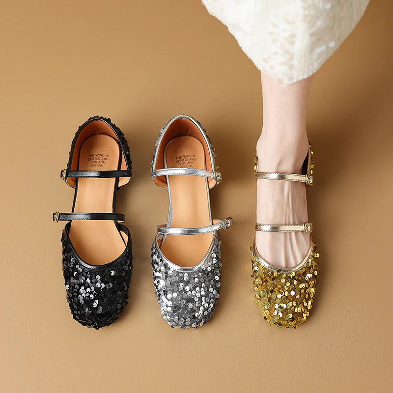 

2024 new summer women sandals natural leather shoes 22-24.5cm Sequins+pigskin+sheepskin Low heeled Mary Jane shoes women shoes