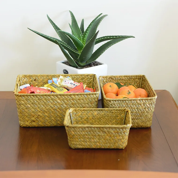 Woven Seagrass Storage Baskets Straw Rattan Basket Desk Organizer Picnic Basket Fruit Storage Box Cosmetic Storage Container 6