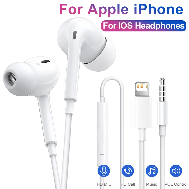 

Проводные наушники Lightning для Apple iPhone 14 Pro Max 13 12 11 XS XR X 6 7 8 Plus SE, наушники с разъемом 3,5 мм, аксессуары для наушников