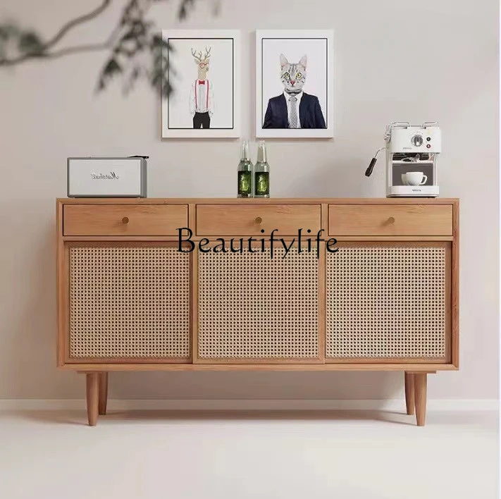 

Nordic Solid Wood Sideboard Japanese Simple Rattan Tea Cabinet