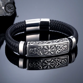 Vintage Vikings Braided Leather Bracelets Men Stainless Stee Norse Runes Celtic Knot Vegvisir Handmade Bangles Icelandic Jewelry