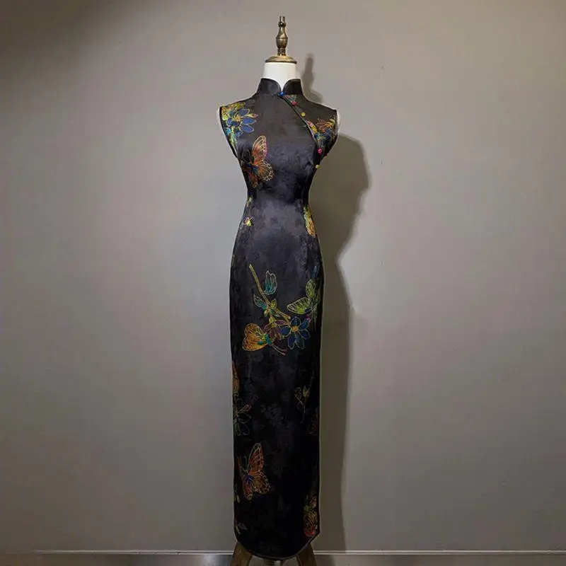 

1Pc Women 2023 Summer New Chinese Style Cheongsam Stand-Up Collar Elegant Retro Temperament Exquisite Cheongsam Dress