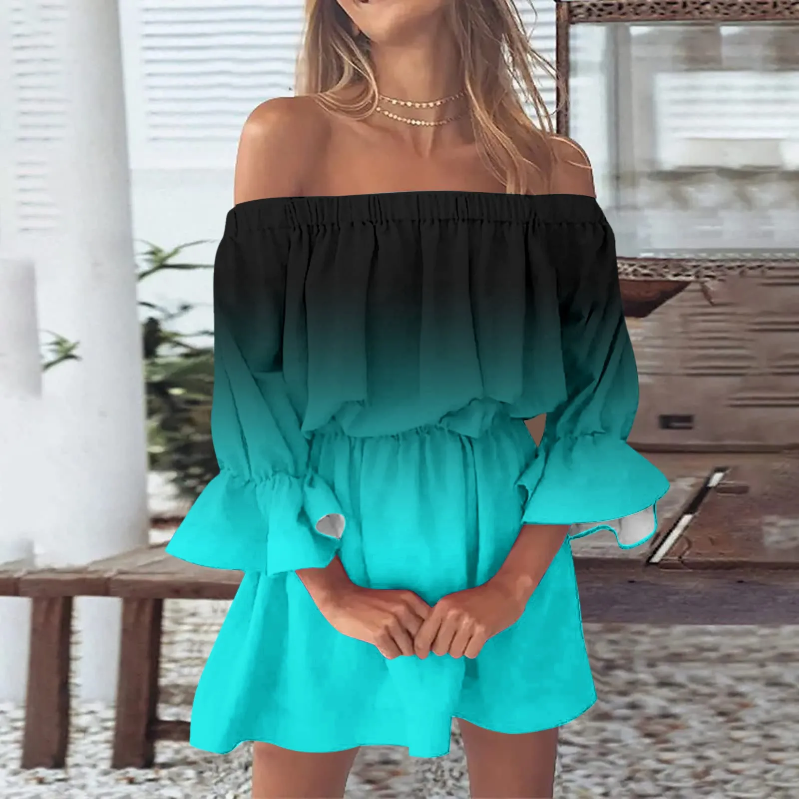 Fashion Off Shoulder Sundress Dresses Women Loose Gradient Print Boho