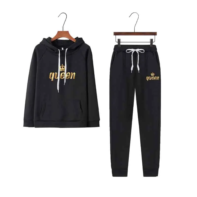 Tuveke women's autumn and winter latest Queen logo print tracksuit tracksuit drawstring solid color commuter women's suit