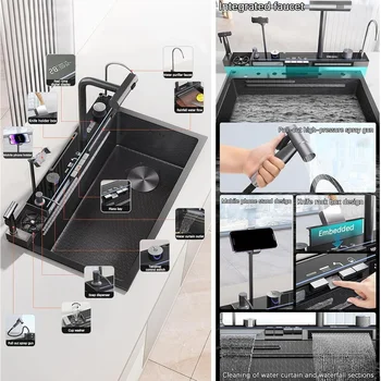 ห้องครัวช่องเดียวขนาดใหญ่ 304 อ่างล้างจานน้ําตกสแตนเลส, จอแสดงผลดิจิตอลนูนอ่างล้างหน้าอ่างล้างจานในครัวเรือน 2