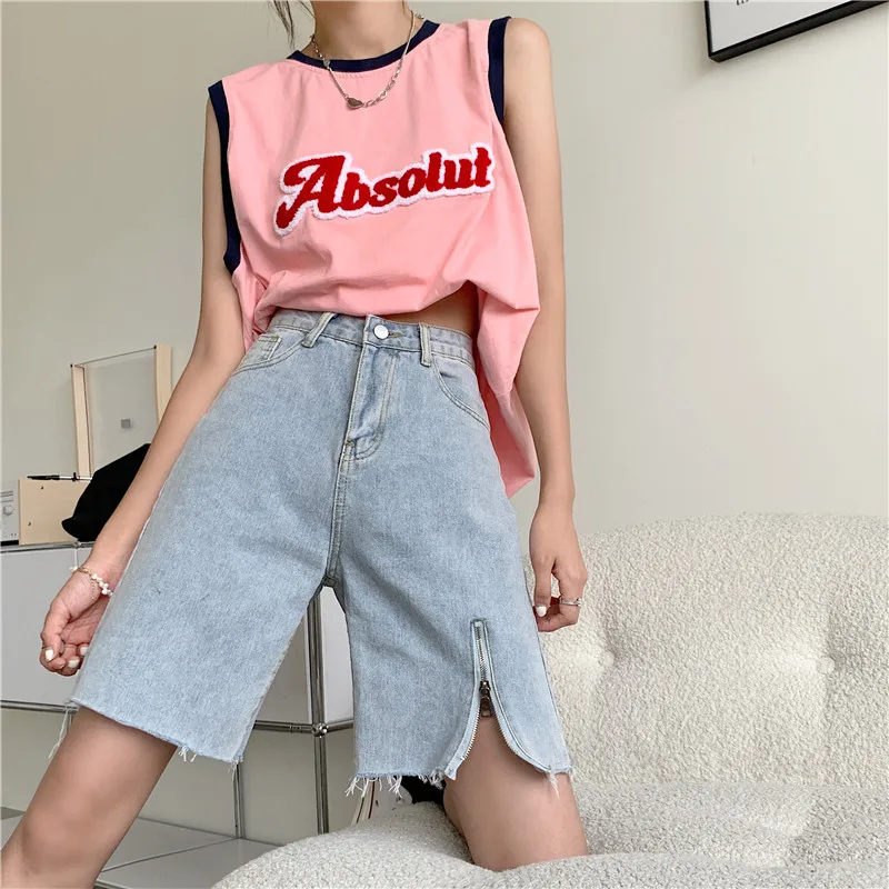 Y2k Fashion Denim Shorts For Women's Summer Raw Edge Korean Style Blue High Waisted Zipper Trim Straight Vintage Jeans Shorts