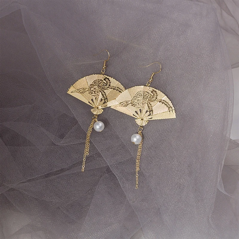 PACKOVE Foldable Fan Earrings For Women – Vintage Chinese Style 925 Silver Hook With Pearl Accents