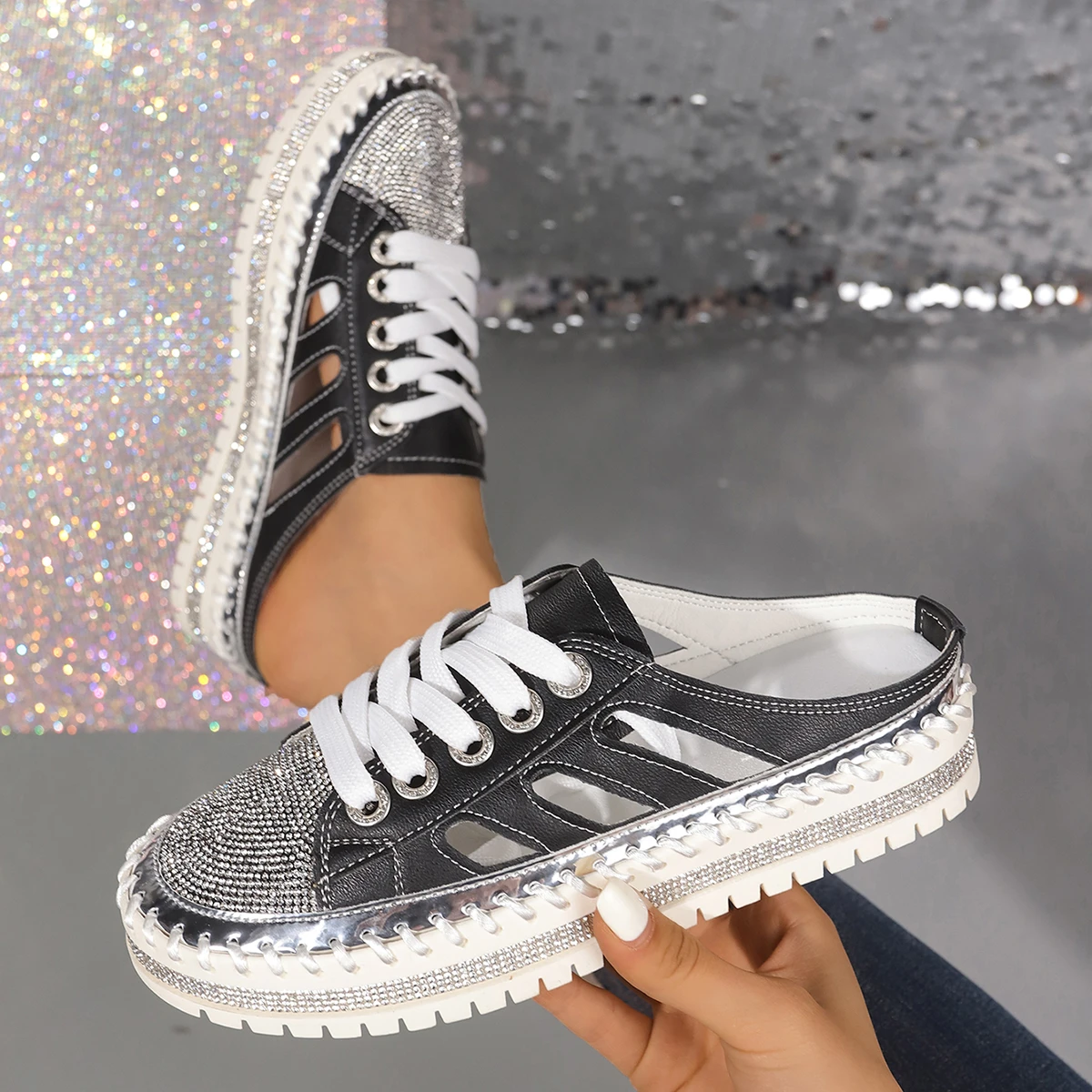 2024 New Crystal Half Slippers for Women Flat Platform Shoes Comfortable and Elegant Women's Shoes Bling Luxury Women's Sandals