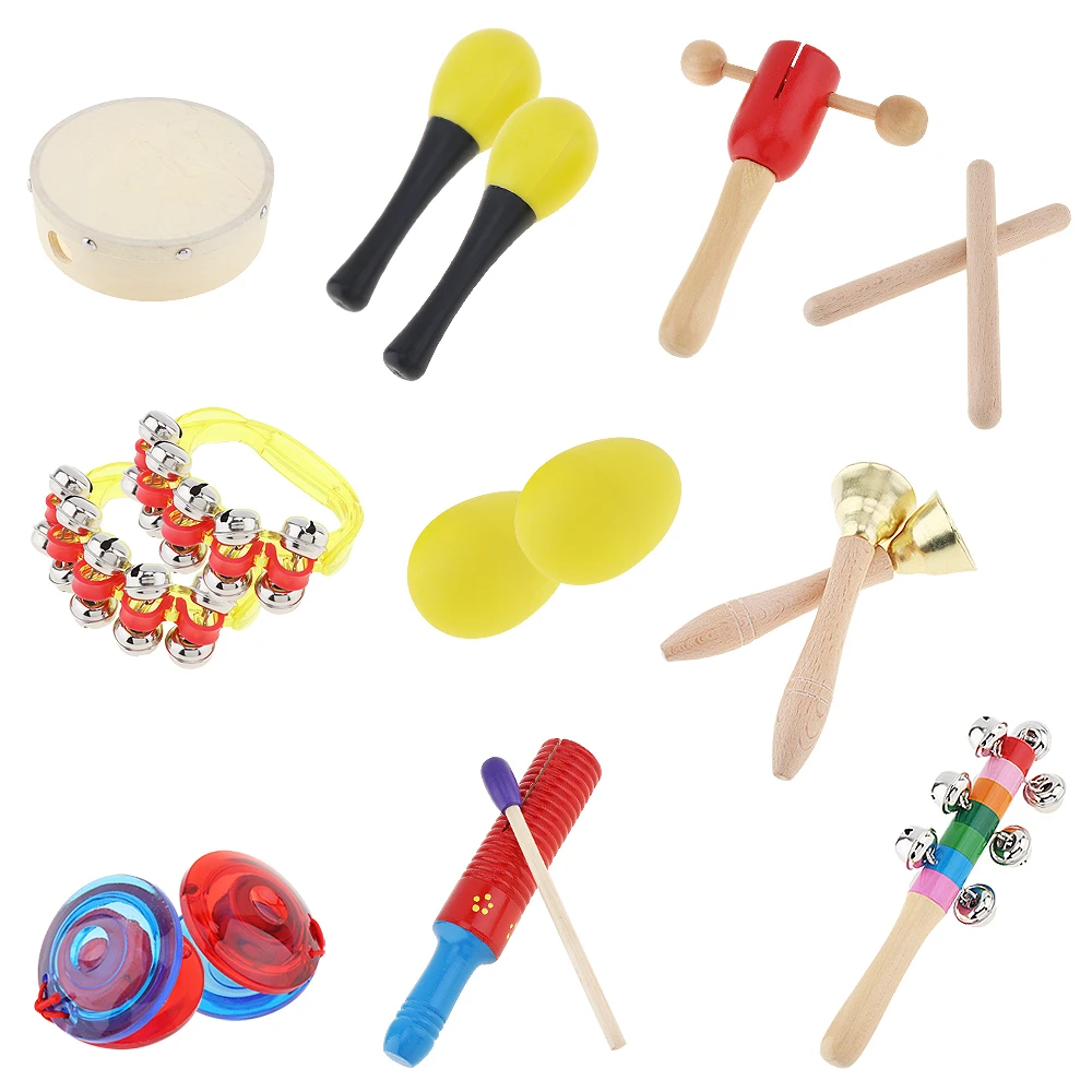 10 Kinds Colorful Musical Instruments Sets 6 Inch Drum Percussion Toys Mixed for Early Education