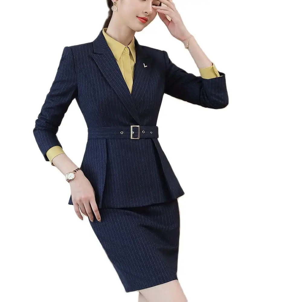Business interview blue and black striped suit women's suit office dress elegant ruffle jacket skirt two-piece suit with belt