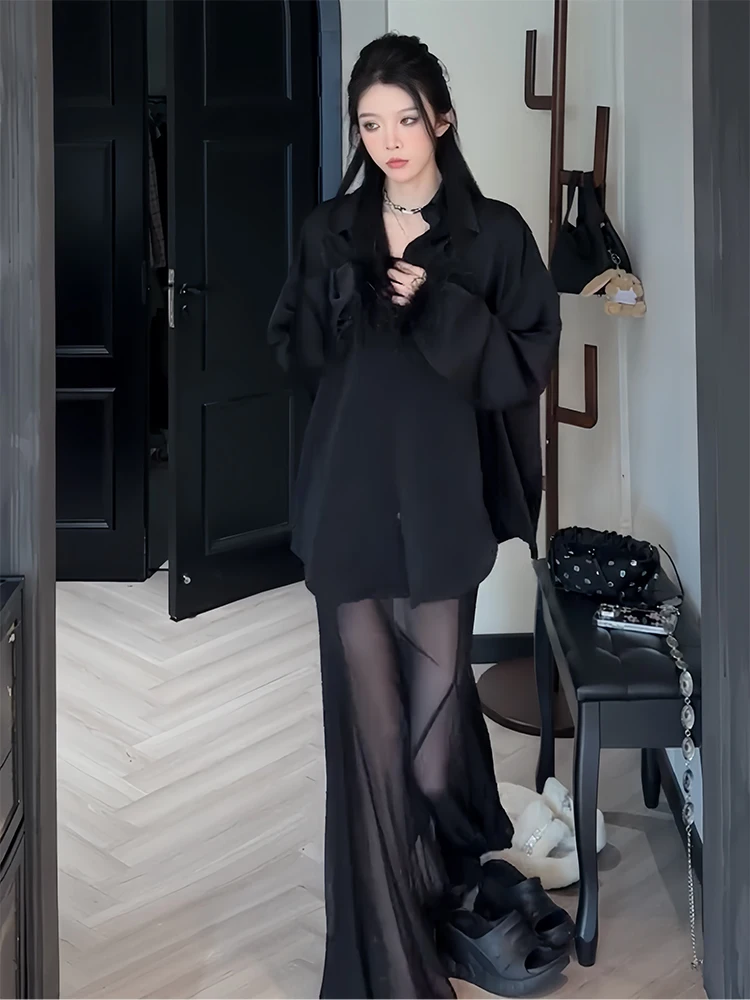 Breathable Mesh Perspective Pants Women Black Set Women's Spring/Summer Long Sleeve Shirts Mesh Spliced Set