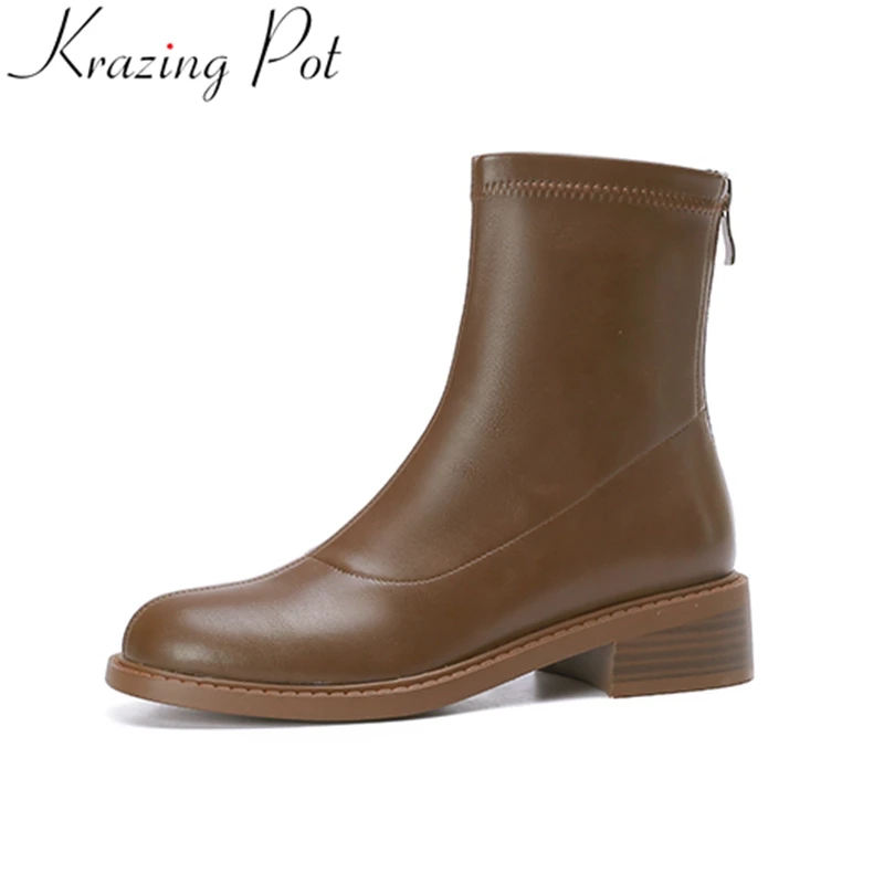 

Krazing Pot 2023 Fashion High Quality Thick Heel Zipper Modern Stretch Boots Warm Winter Shoes Sewing Concise Solid Ankle Boots