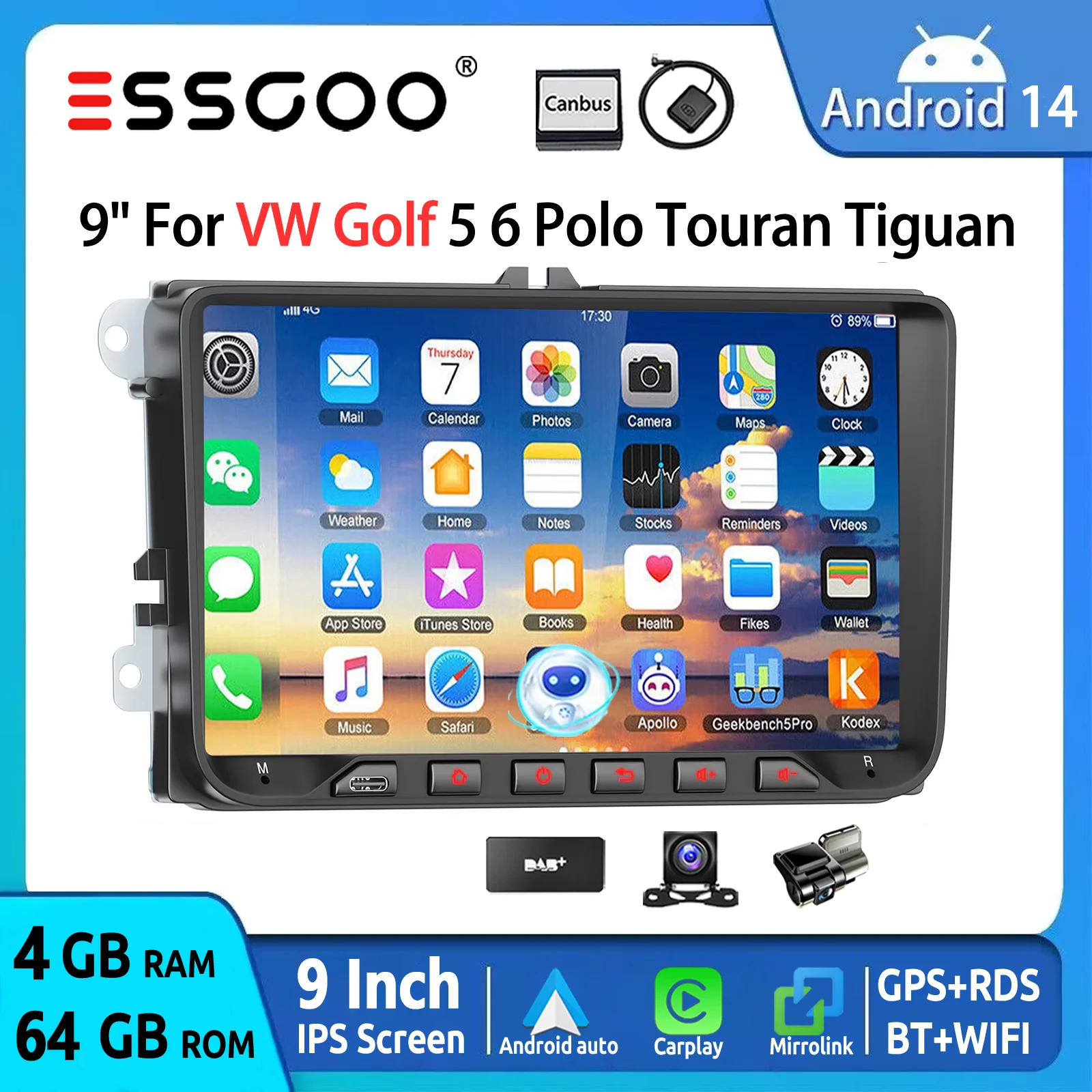 ESSGOO Android 14 64G Wireless Carplay Android Auto Car Radio GPS Navigation For VW GOLF 5 EOS Touran Tiguan Polo FM WiFi RDS BT