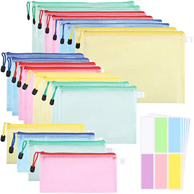 

20 Pack Document Bags Document Pockets A4+A5+A6, File Folder Plastic Zip Pocket Zipper Pocket Mesh Pouch With Zipper (4 Colors)
