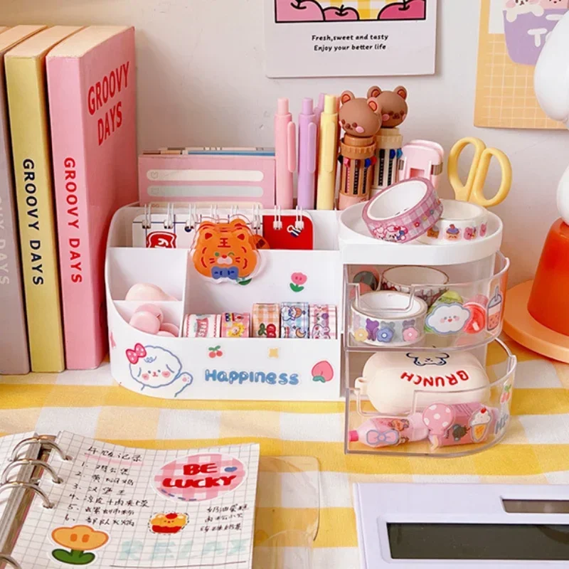 Kawaii Desktop Pen Holder for Girls Cute Storage Box Organizer Stationery Holder Pencil Holders Back To School Desk Accessories pen holder desk organizer pen and brush holder
