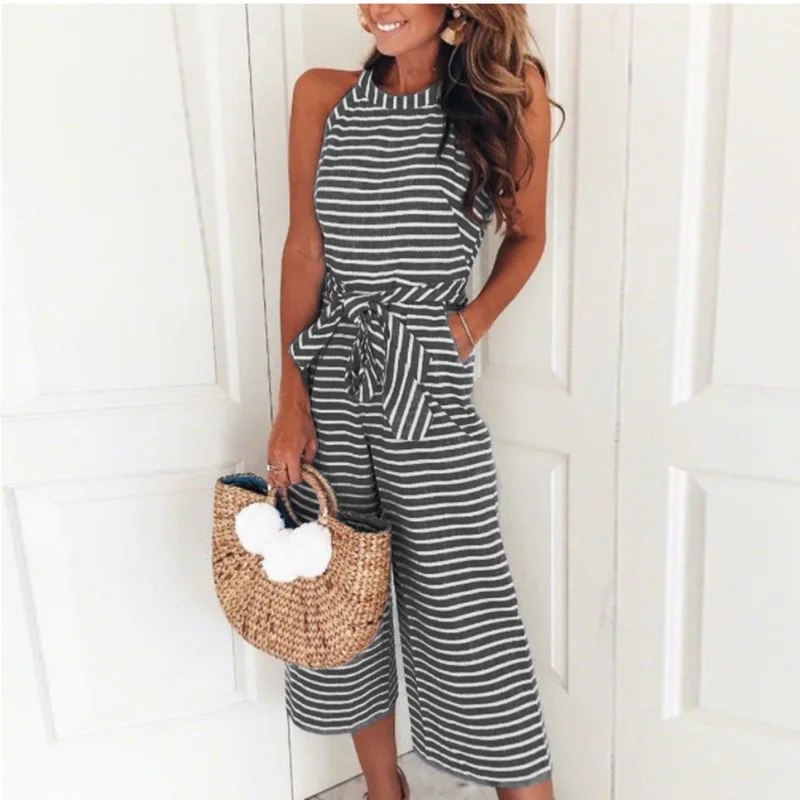 Rompers Women Striped Printed Lace-up Pocket O-neck Sleeveless Long Wide Leg Pants Summer Black Pink Overalls Female 2024 indie
