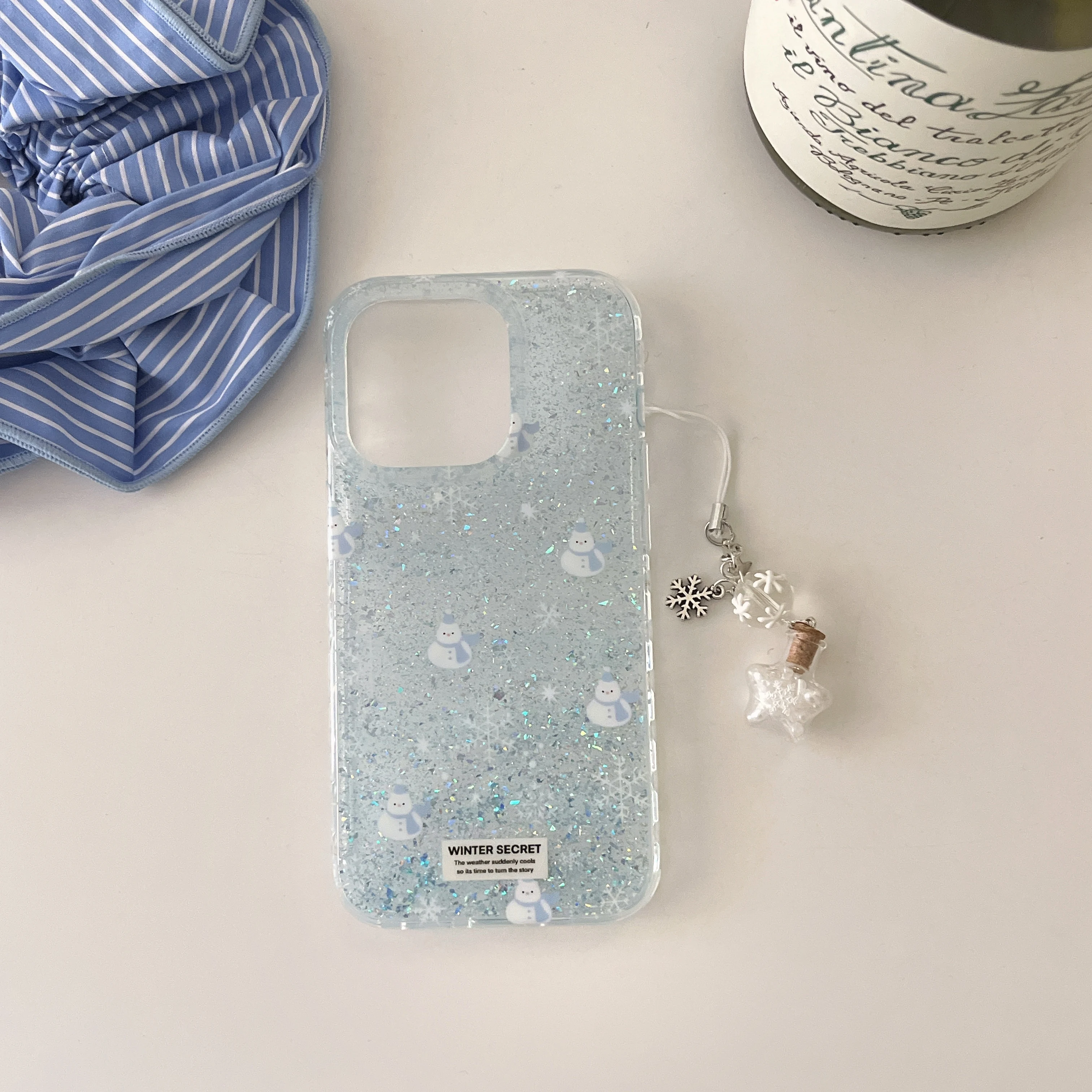 Ins Blue Snowflake Snowman Transparent Glitter Powder Pendant Phone Case for iPhone 16 15 14 13 Pro Max 12 Back Cover Funda