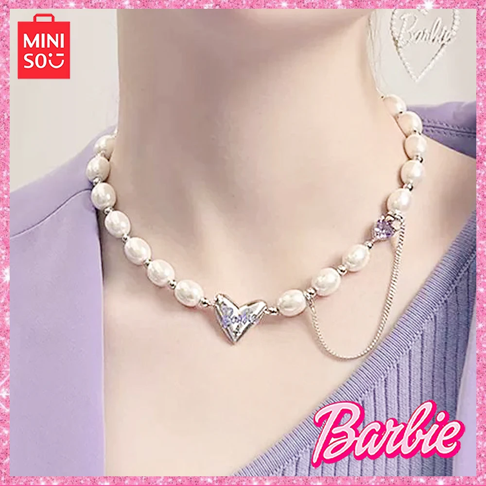

Miniso Barbie Y2K Cartoon Letters Pearl Necklace Purple Pendant Heart Necklace Necklace Sweet Cool Girls Birthday Christmas Gift
