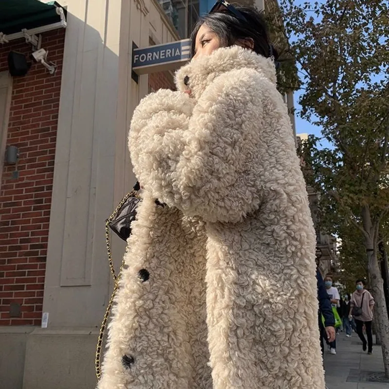 Autumn Winter Lamb Wool Medium Long Coat Fluffy Faux Fur Overcoat Women Elegant Thick Warm Faux Fur Jacket Female 2023 Loose Top