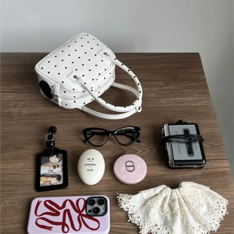 Hot Girl Harajuku Style Heart White Handbag Women Polka Dot Leather Shoulder Bags Ladies High End Sweet Cool Y2k Crossbody Bag